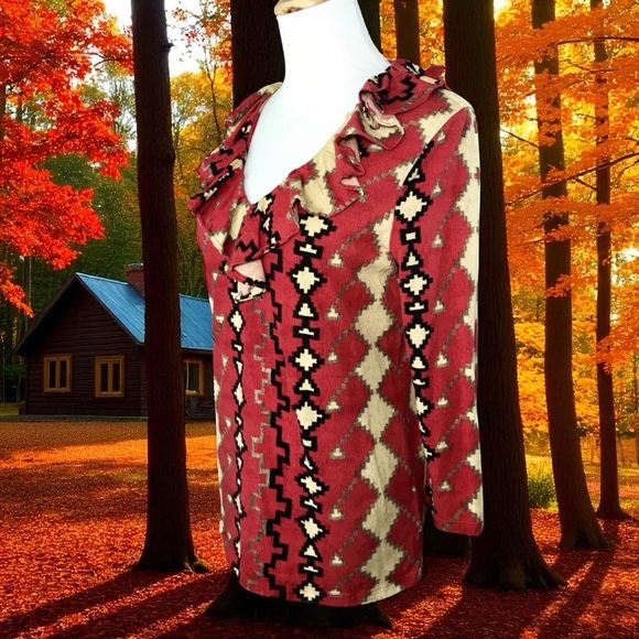 Ralph Lauren NW0T Red Aztec V-Neck Ruffle Neck Long Sleeve Stretch Top XSP - Picture 1 of 7